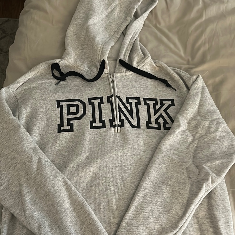 Pink brand sweat suit with cropped half zip matching hoodie